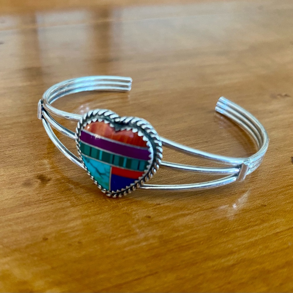Sterling Silver Multi-Color Heart Inlay Cuff Bracelet size 6.5”
